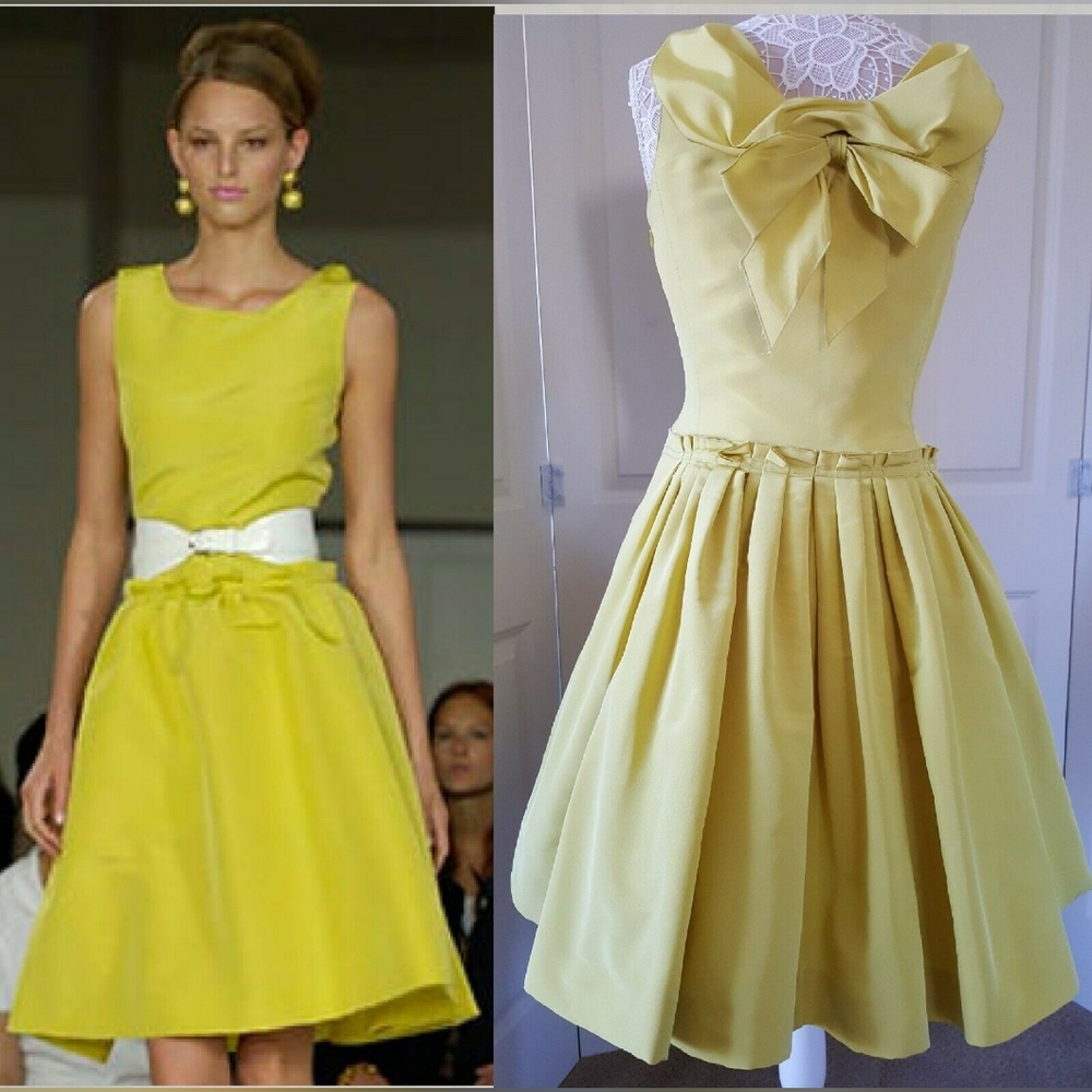 $3400 OSCAR DE LA RENTA STUNNING SILK BOW BACK YELLOW PLEADED RUNWAY DRESS US 8
